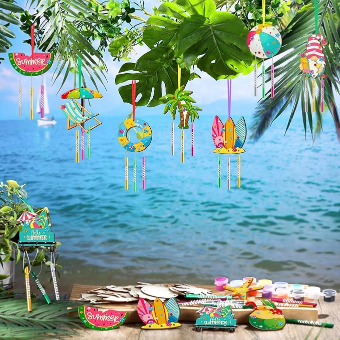 JellyArch 30 Pack Summer Wind Chime Making Kit for Kids, Summer Watermelon Coconut Beach Gnome DIY Wind Chime Wooden Crafts Kit Ornaments for Girls and Boys Activity Birthday Outdoor Decoration