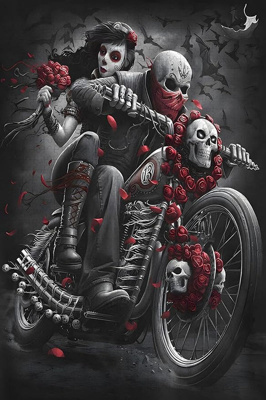 1000 Pieces,Adult Wooden Jigsaw Puzzle, Skeleton Reaper Motorcycle Girlfriend, Challenging Brain Puzzle Game Relaxing Pastime Recreational Activity Size: 29.5X19.7 in and 1:1 Original Picture Poster