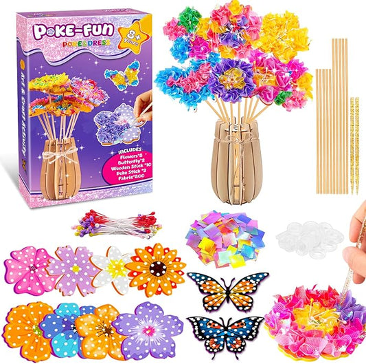 Poke Art and Craft Flower Bouquet Kits for Girls, 8 Flowers & 2 Butterflies with Wooden Vase, Mess Free DIY Creative Activity, Birthday Gifts Toys for 5 6 7 8+ Year Old Girls
