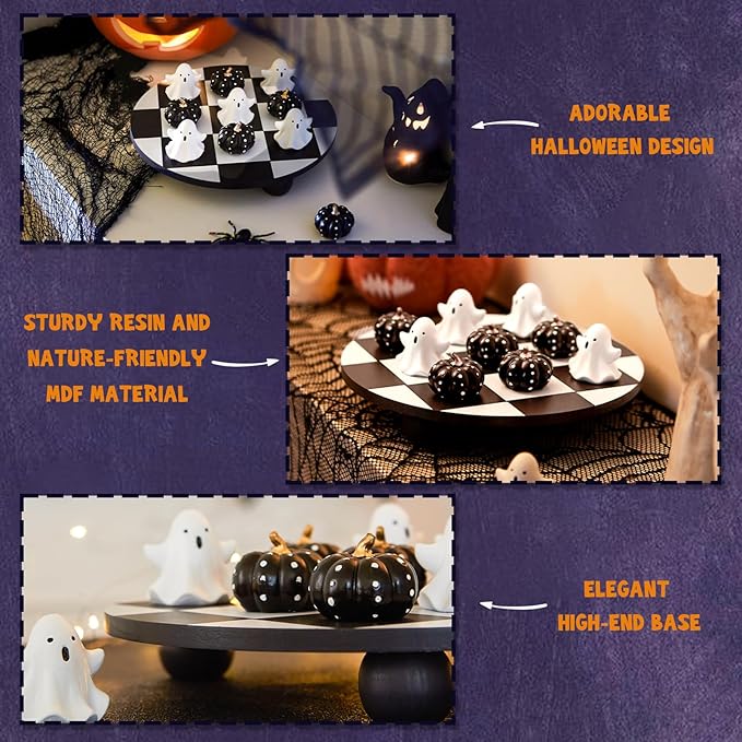 WDS WONDROUS Halloween Decor Tic Tac Toe Game Set with Cute 3D Resin Pumpkin&Ghost Pieces, 9.88" Round Wood Checker Board, Fun Coffee Table Decoration, Indoor Home Decor for Party, Gift,Black&White
