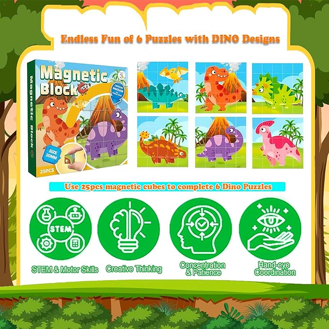 ritastar Magnetic Blocks Building Toy, 25pcs Mine Stacking Magnet Build Cubes Cartoon Pattern World,STEM Sensory Construction Toys for Kids Gift,Educational Jigsaw Puzzle Set with 3D Dinosaur Designs
