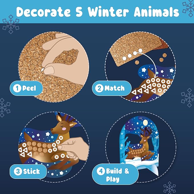 BINCA Foam Sticker Mosaic Art Activity, 750+ 3D Glitter Foam Stickers, 5 Winter Animals with Display Arch, DIY Mess-Free Activities, Felt Craft Kits & Gifts for Boys & Girls Ages 5,6,7,8