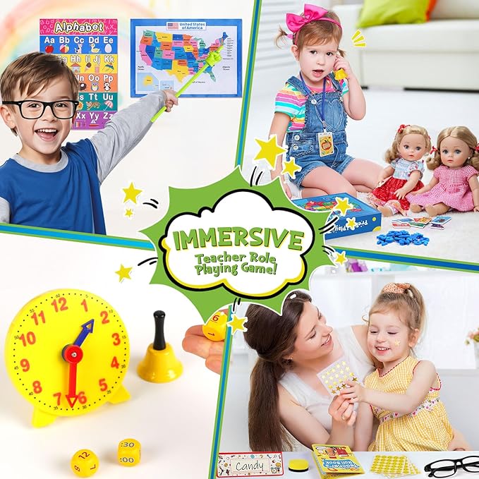 Pretend Play Teacher Set, Kids Pretend Teacher Playset with Whiteboard Learning Clock Magnetic Numbers and Map Puzzles, Pretend Play Teaching Toys Learning Education Toys for Kids