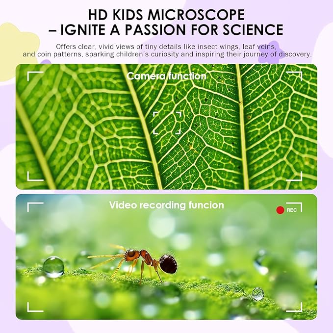 Kids Microscope 100X Magnification, STEM Handheld Digital Science Kit, Portable Educational Toy for Ages 3-16, Birthday for Boys & Girls Purple