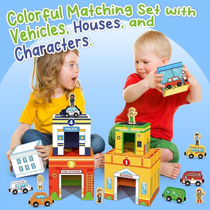 Aizweb Magnetic Wooden Vehicle Stacking Set,Sorting & Building STEM Blocks Cars Toys for Toddlers,Cardboard Educational Preschool Kindergarten Learning Montessori Toys for 1 2 3 Year Old Boys Girls