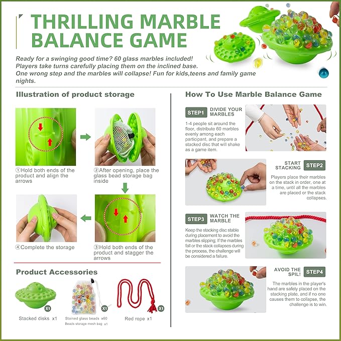 Marble Balance Board Game with 60 Glass Marbles & Storage Base - Fun Family Board Game for Adults, Party Game for 1-4 Players | Educational STEM Toy & Birthday Gift Halloween Party Favors for Kids