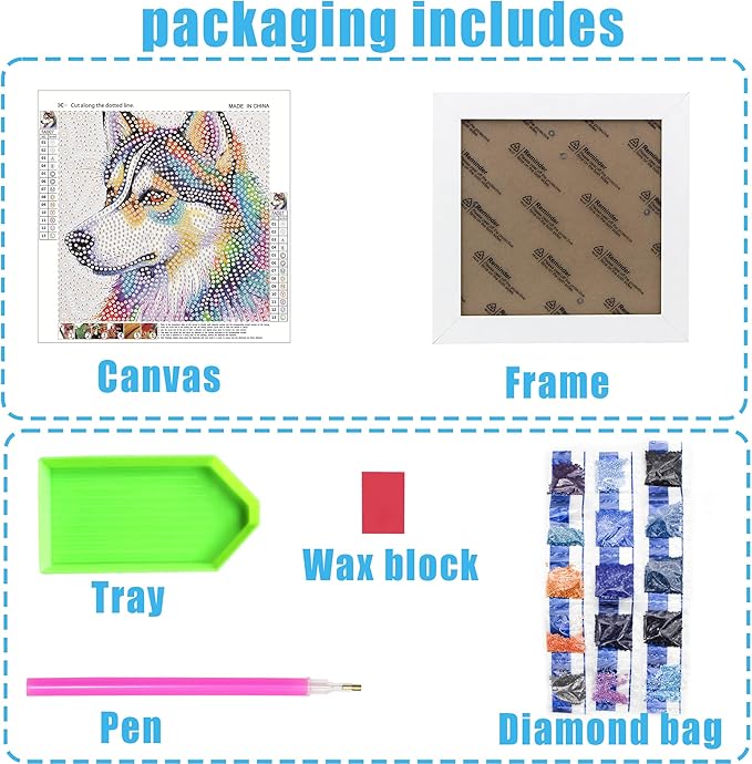 geesfayan Diamond Art Kits for Kids Ages 8-12,6 Inch DIY Gem Art Painting with 7 Inch Frame, Complete Starter Kit for Beginners, Creative Arts & Crafts Gift for Girls & Boys (Husky)