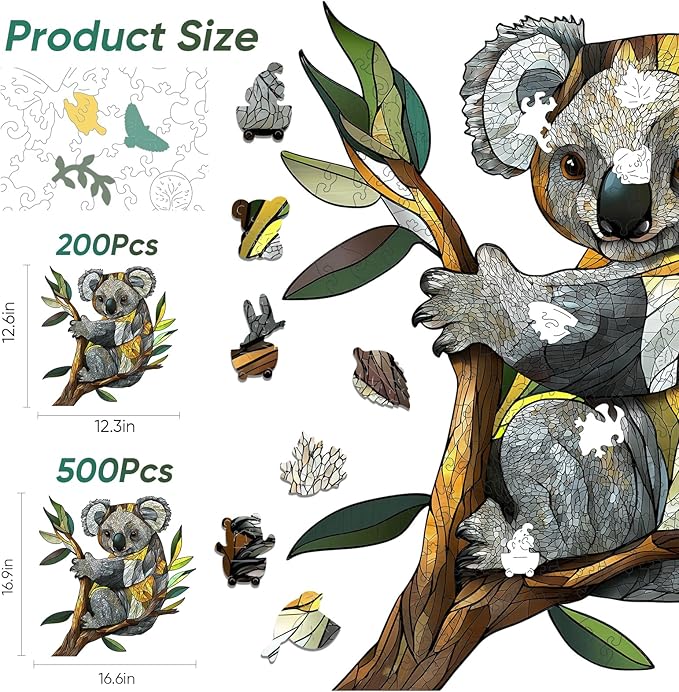 Wooden Puzzles for Adults, Koala Jigsaw Puzzles 500 Pieces, Unique Shaped Puzzle for Adults and Kids, Christmas Birthday Gift Family Game 16.6X 16.9 Inch