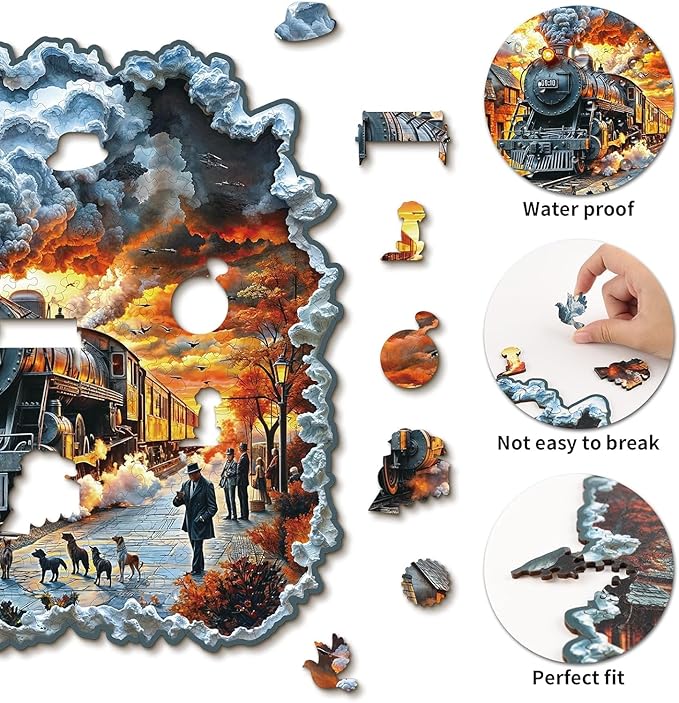 Wooden Puzzles for Adults 255 Pices, 3D Steam Train Wooden Jigsaw Puzzle, Flat Puzzels with 3D Visual Effect, Steam Train Irregular Jigsaw Puzzles, Finished Puzzle Size is 11.6 * 11.5 in