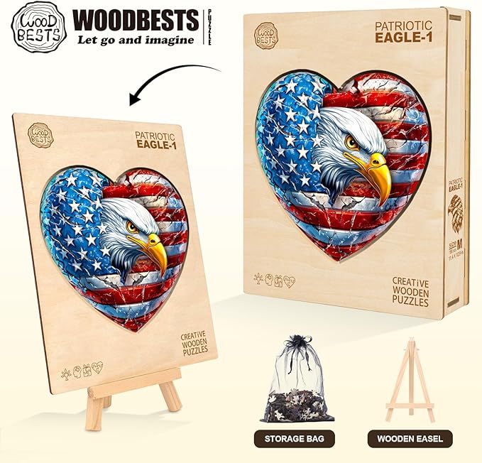 Wooden Puzzles for Adults, Patriotic Eagle Wooden Jigsaw Puzzle Unique Shape Animal Wood Puzzles Adult 3D Visual Effect, Birthday Gifts for Puzzle Lovers Family Games (M-11.4 * 10.9in-180pcs)