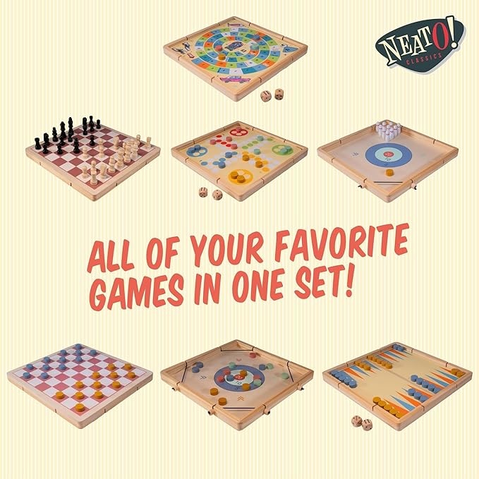 Neato Time to Play 8-in-1 Wooden Board Game Set – Chess, Checkers, Backgammon, Bowling, Sling Puck, Snakes and Ladders, Racing – Classic Family Game for Kids & Adults – Great for Game Night & Travel