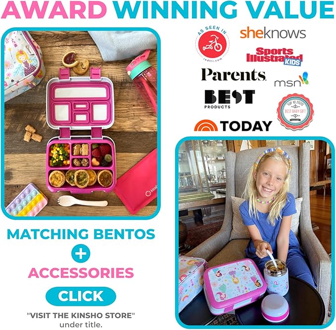 Bento Lunch Box with Stainless Steel Thermo, Matching Insulated Lunch Bag and Ice Pack Set for Girls, Kids, 5 Divided Compartments, Snack Container for Toddler Daycare, Pink Fairy Princess