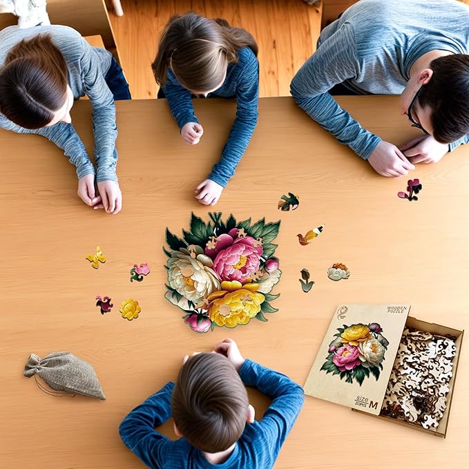 Wooden Puzzle, Multi-Color Peony Flower, Adult Wooden Puzzle, Colorful Wood Carving Puzzle Designed for Family and Friends, 11 * 11 inches, 200 Pieces (Medium)