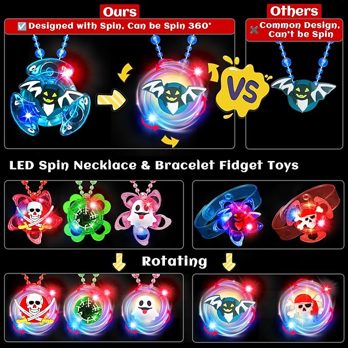 78 PCS Halloween Party Favors for Kids, Halloween Glow in The Dark Toys Bulk Light Up Rotating Necklaces Bracelet LED Rings Halloween Treats for Classroom Prizes Goodie Bag Fillers Trick or Treat Toy