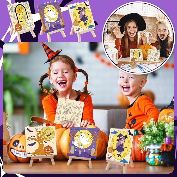 87 Pcs/12 Set Halloween Unfinished Wood Crafts Set Holiday Painting Gift Bulk Predrilled Wooden Ornaments Watercolor Paints with Cards Craft for Holiday Bags Party Supplies