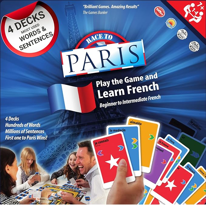 KLOO Learn French Board & Card Game Race to Paris | Fun for Family Kids Adults School | Play & Talk French Language | 4 Decks, Speak 100's of Words & Vocabulary in a Flash | Boardgame, 1–4 Players