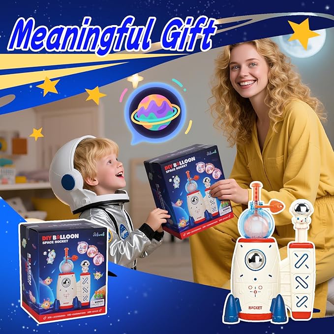 nicknack 195pcs Space Rocket DIY Balloons with Pump, DIY Sticky Balloon Maker Toy Craft Kits for Kids,Magic Balloon Kit with Bouncy Balloons Stickers Accessories, Toy Gift for Kids Boys Girls Ages 3+