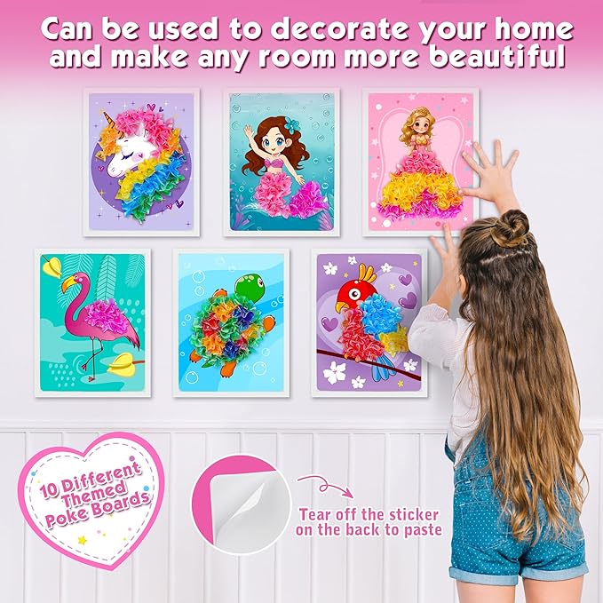 Poke Art Kit for Girls - No Mess Art Craft Activity, DIY Poke Hands Art for Kids, Creative Sensory Toy Set, Birthday Xmas Gifts for Ages 3 4 5 6-8 Year Old Girls Toys
