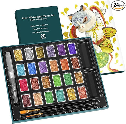 3ml Glitter Watercolor Paint Set with Paper, 24 Colors Shimmer Metallic Watercolour Painting Sets, Solid Pearl Water Color Paints for Adult, Kids, DunHuang Style (DunHuang 24Colors-L)