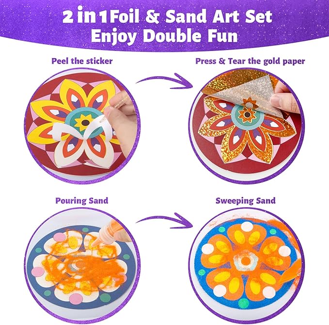 Foil Fun & Sand Art Kit for Kids, 2 in 1 Mandala Foil Arts and Sand Painting Pictures Coloring Kits, DIY Crafts Gifts for Girls and Boys Ages 4-8