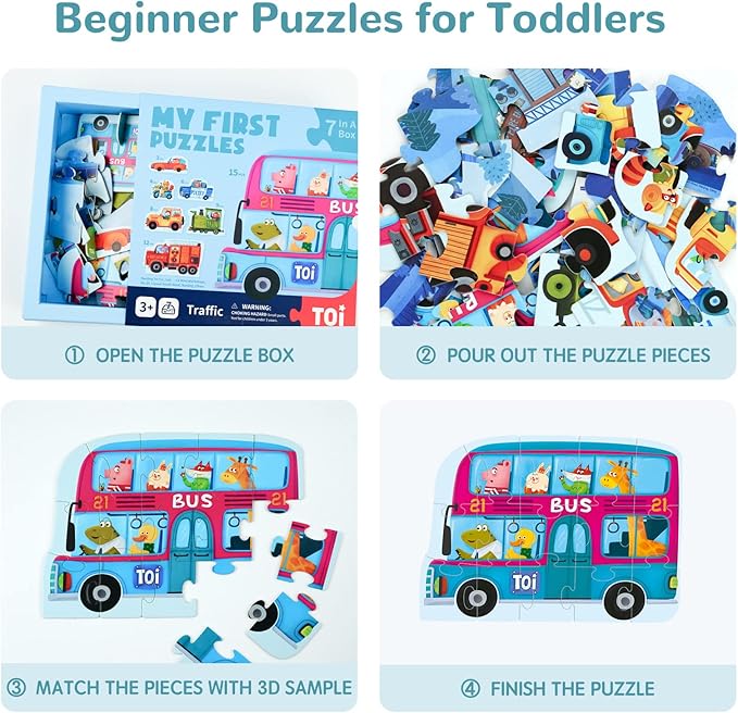 Toi 6 Packs Large Piece Toddler Jigsaw Puzzles for Kids Aged 2.5+, Animal Shaped Floor Puzzles for Beginner, Preschool Learning Game for Boys Girls, Traffic