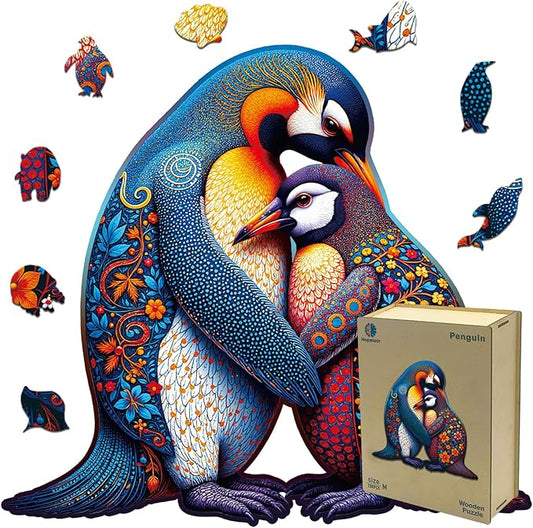 Wooden Puzzles for Adults Penguin Family Puzzle - Laser-Cut Unique Shaped Stress Relief Jigsaw Puzzle, Wall Art Home Decor Gift for Family (11.2"×10.2" 200pcs)