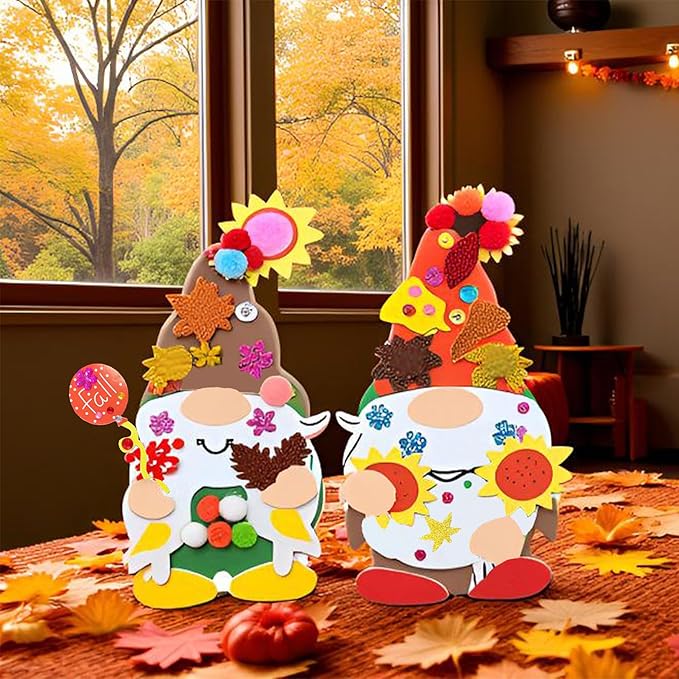 24 Sets Halloween Fall Gnome Crafts Kits for Kids,DIY Fall Gnomes Ornaments Decorations Art with Leaf Pumpkin Sunflower Foam Stickers Arts for Kids Autumn Thanksgiving Activity Art Project