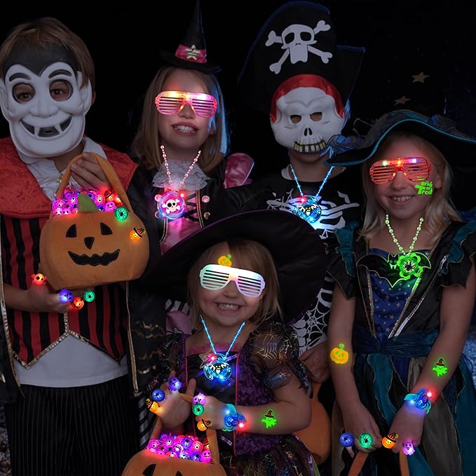 88 Pcs Halloween Party Favors for Kids, Halloween Glow in The Dark Toys Bulk Light Up Rotating Necklaces LED Glasses Bracelet Ring Halloween Treats Classroom Prizes Goodie Bag Fillers Trick or Treat