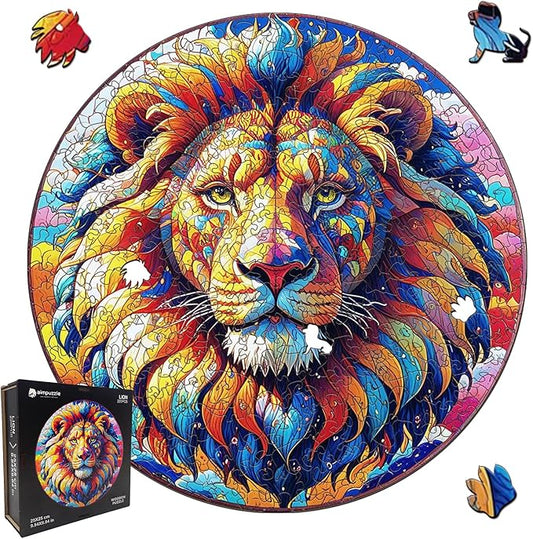 Wooden Puzzle for Adults – Unique Lion-Shaped Jigsaw, Animal Style Brain Teaser for Kids & Teens, 220 Pieces, 10"x10", Ships as Whole Puzzle Board (No Loose Pieces), Gift-Ready Box, Fun Family Game