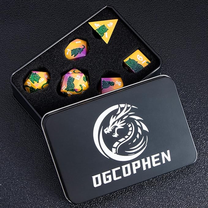 Metal DND Cat Dice 7PCS Polyhedral RPG Dice Set with Gift Case for Dungeons Dragons Role Playing Game, D and D Dice D6 D8 D10 D12 D20 D% (Yellow Green)