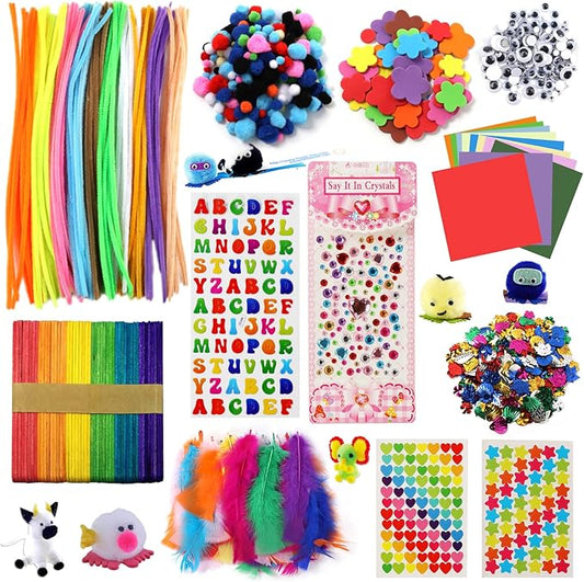 DOITEM Pipe Cleaners Craft Supplies, 1000+Pcs Arts and Crafts Supplies Including Pipe Cleaner Wiggle Googly Eyes Pom Poms Feathers Sticks Sequins Foam Flowers Papers Heart Stickers for Kids Adults