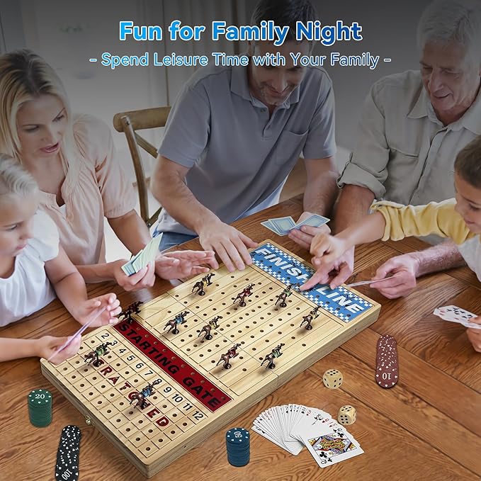 Large 23 inches Horse Racing Board Game with 11 Luxury Metal Numbered Horses, Foldable Wood Horse Race Board Game with 2 Sets of Dice, 2 Boxes of Cards, 80pc Poker Chips for Parties and Gambling