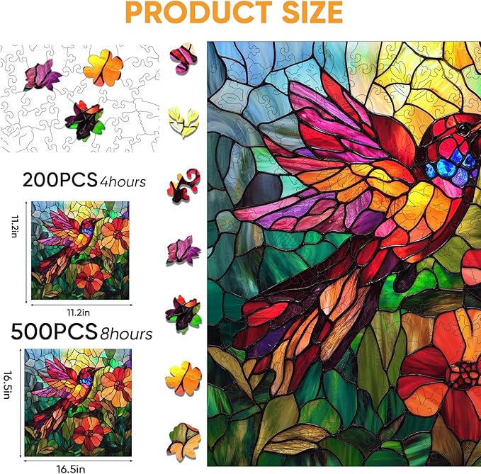 Wooden Puzzles for Adults, Stained Glass Puzzles 499 Pieces, Unique Shaped Hummingbird Jigsaw Puzzles for Adults and Kids, Birthday Gifts Fun Challenge Family Game 16.5'' x 16.5''