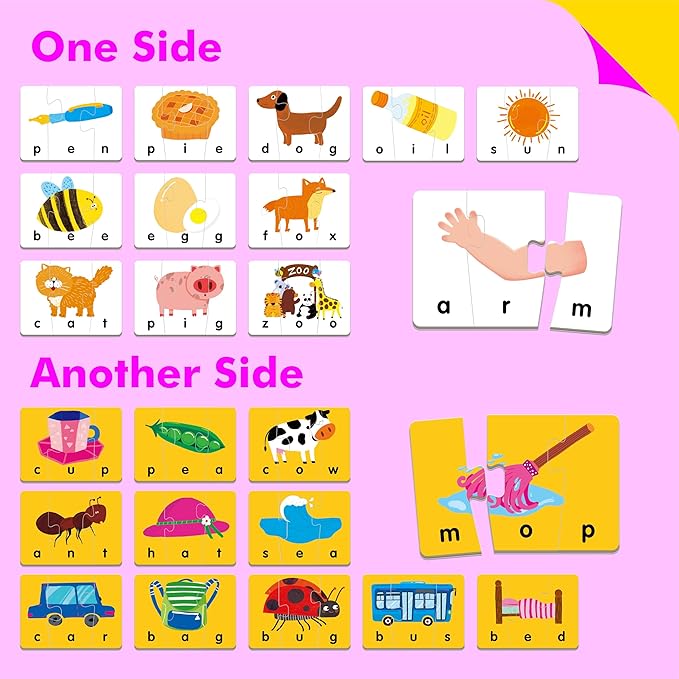 Self-Correcting Spelling Puzzles, Double-Sided Three and Four-Letter Word Spelling Cards with Picture Matching, 48 First Words Learning for Kindergarten Readiness, Preschool Ages 4+