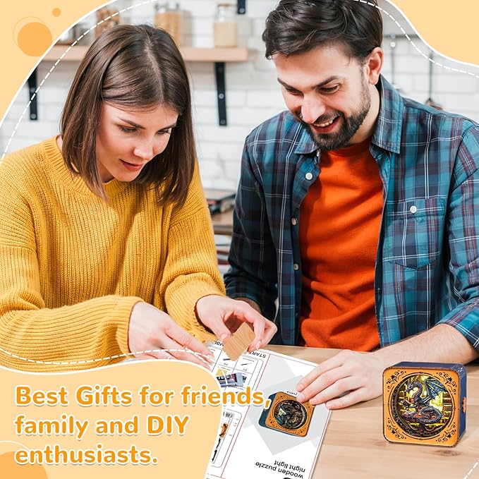 3D Wooden Puzzle Night Light, Library Dragon DIY Puzzles for Adults, Eye Care Night Light with Touchable Switch, Personalized Gifts for Family Friend DIY Puzzle Lover