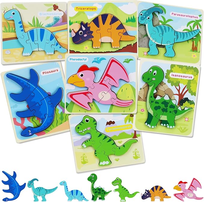 TOY Life Toddler Puzzles Ages 2-4, Wooden Puzzles for Toddlers 1-3, 7 Pcs Dinosaur Puzzle 2 Year Old, Puzzles for Kids Ages 3-5, Toddler Boy Toys 2-3, Educational Learning Toys for 3 Year Old
