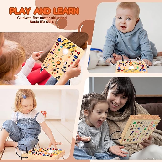 Busy Board with 19 LED Light Switches, Montessori Toys for 1 2 3 Years Old, Wooden Sensory Board, Toddlers Toys Activity Travel Toys for 1 2 3 Year Old Boy & Girl Birthday Gift (Big)
