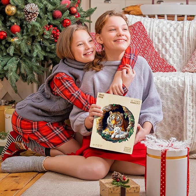 Wooden Puzzles for Adults - Unique Animal Shaped Tiger Family Puzzle, 3D Vision Wooden Jigsaw Puzzle, Christmas Birthday Gifts for Friends/Family, Home Decor 11.4 * 11.4in 200pcs