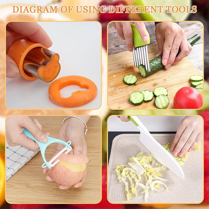 RISICULIS 11 Pieces Wooden Kids Kitchen Knife, Kids Kitchen Set Include Wood Knife, Serrated Edges Plastic Toddler Knife, Crinkle Cutter, Sandwich Cutter, Y Peeler, Cutting Board