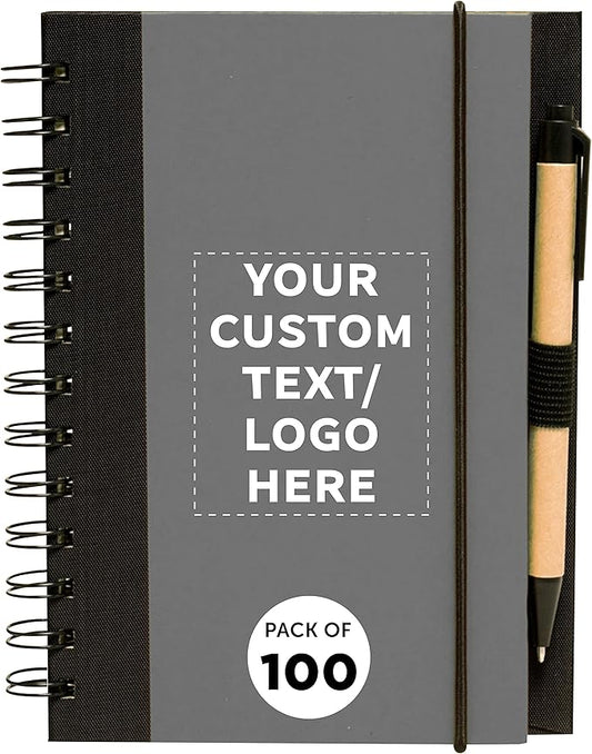 DISCOUNT PROMOS Custom Eco Block Notebooks with Pens Set of 100, Personalized Bulk Pack - Perfect for School, Office, Business, Home - Smoke