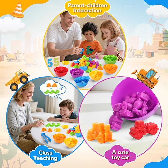 USATDD Counting Construction Vehicles Color Sorting Preschool Learning Matching Games Fine Motor Skills Toys Montessori Classroom Sensory Table Toys for Kids Gift for Toddlers 3 4 5