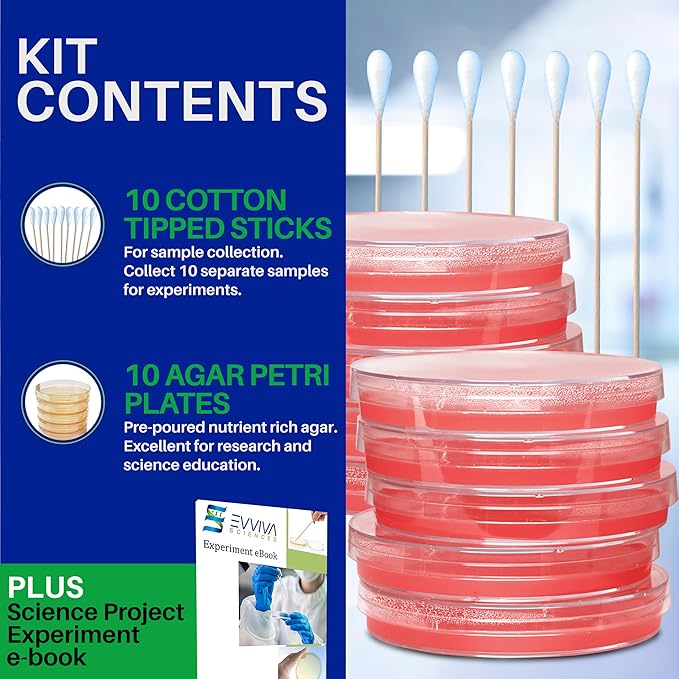 Evviva Sciences Nutrient Agar Petri Dishes Science Project Kit, Pre-Poured Agar Plates for Science Experiments, with Experiment eBook (RED)