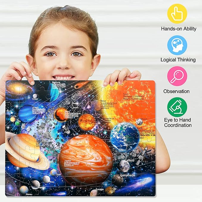 LELEMON 100 Pieces Jigsaw Puzzles for Kids Ages 4-8 Solar System Planets Jigsaw Puzzle for Kids Boys Girls Children Learning Educational Puzzles in a Metal Box Pack Toy
