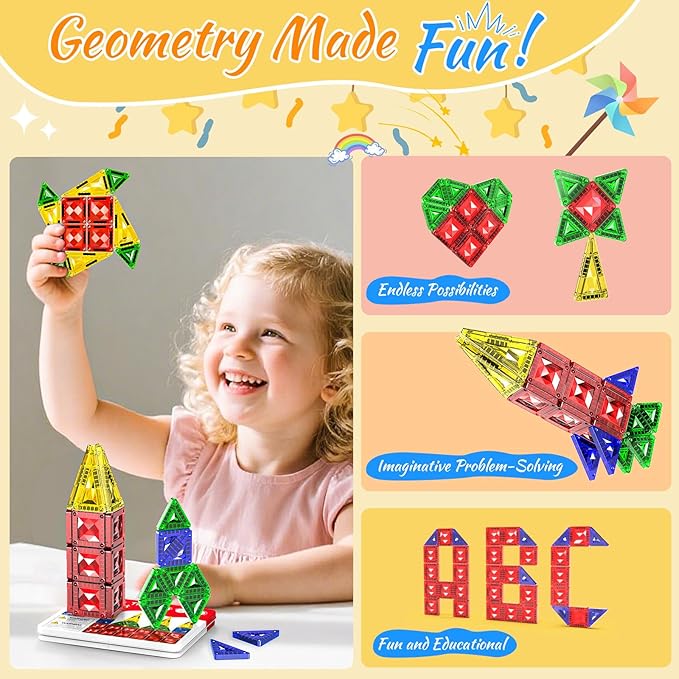 Mini Magnetic Tiles for Kids Ages 3-8, Travel Magnetic Building Blocks with Metal Storage Box, STEM Educational Toys, Montessori Sensory Learning Toys for Toddlers, Boys & Girls Gift