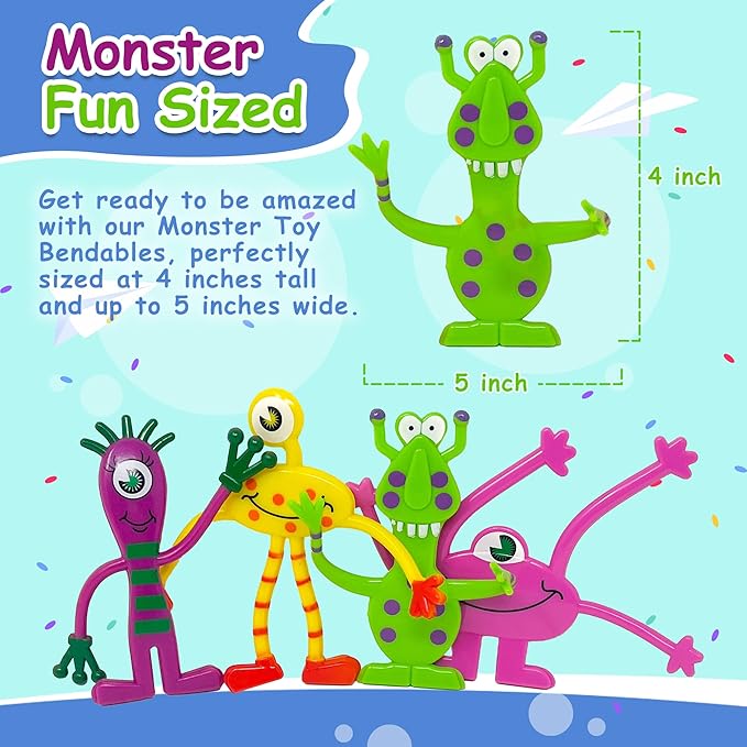 Podzly 12 Monster Toy Bendables - Halloween Party Favors - Fidget Toys - Classroom Rewards - Kids Birthday Party Game Prizes - Halloween Trick or Treat Handouts - Bendable Twistable - Colorful