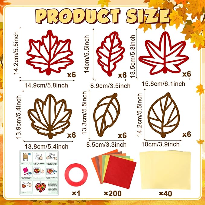 36 Set Fall Maple Leaves Suncatchers Crafts for Kids DIY Autumn Window Tissue Paper Crafts Kit Thanksgiving Maple Hanging Decor for Fall School Home Activity Art Project Birthday Party Favor Gift