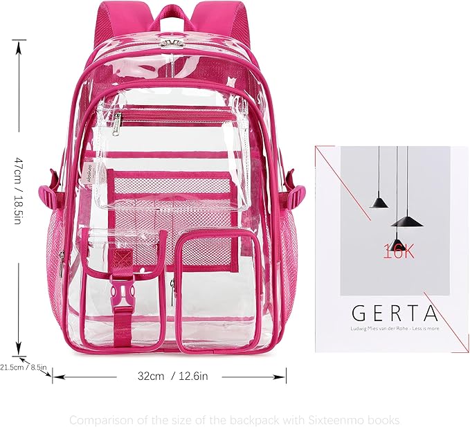abshoo Large Clear Backpack For Girls Women School Bookbag Heavy Duty Transparent Backpacks (Hot Pink)