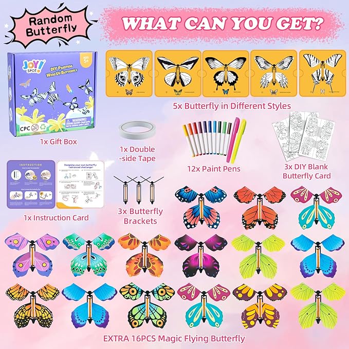 36 Pack Painting Butterfly Craft Kit for Kids, 24 Paper Butterflies and 12 Color Pens, Rubber Band Wind Up Butterfly Toy, Make Your Own Magic Flying Butterflies, School Activity,Surprise Card