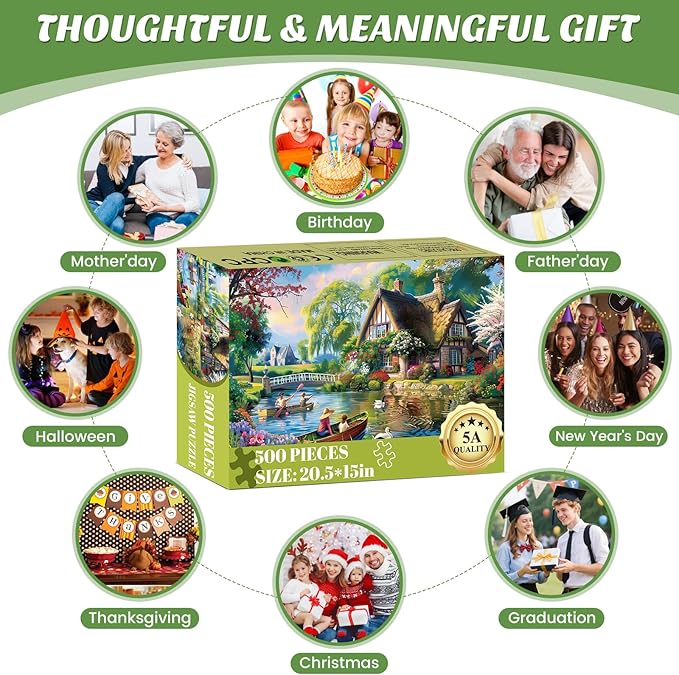 500 Pieces Puzzle for Adults,Waterside Cottage Puzzle,Recycled Cardboard Peaceful Pond Puzzles 500 Pieces,Challenging Game Home Decor Birthday Party Gift Toy for Adults Kids Seniors 20.5 * 15 in