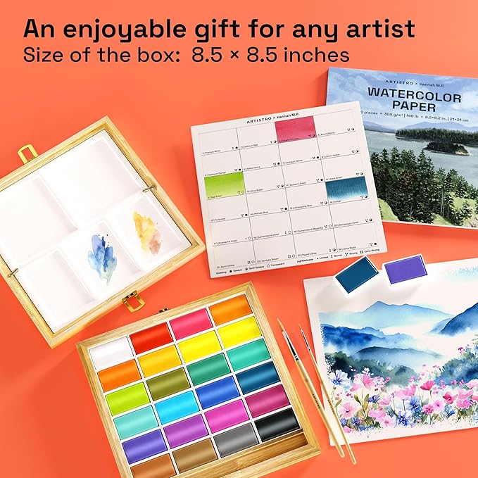 ARTISTRO x HANNAH M.P Professional Watercolor Paint Set Limited Edition with 24 colors in Bamboo Wooden Box (6ml XL Pans) - 2 Brushes, Watercolor Paper, Mixing Tray - Watercolor Set for Professionals made by professionals